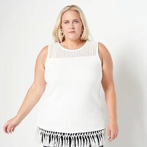 J Jason Wu Sleeveless Sweater Tunic Fringe White Knit Tank Crochet, Size 3X